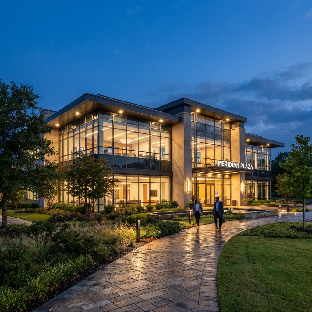Modern low-rise commercial office building at dusk with landscaped grounds