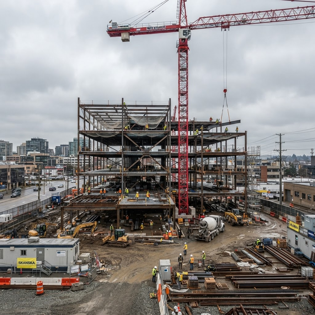New commercial building under construction with a crane