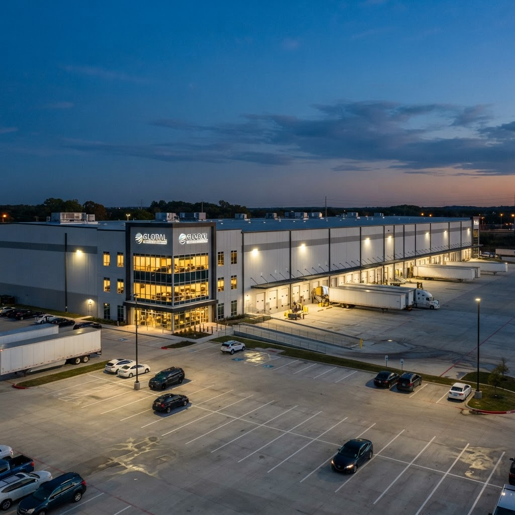 Modern warehouse distribution center at dusk