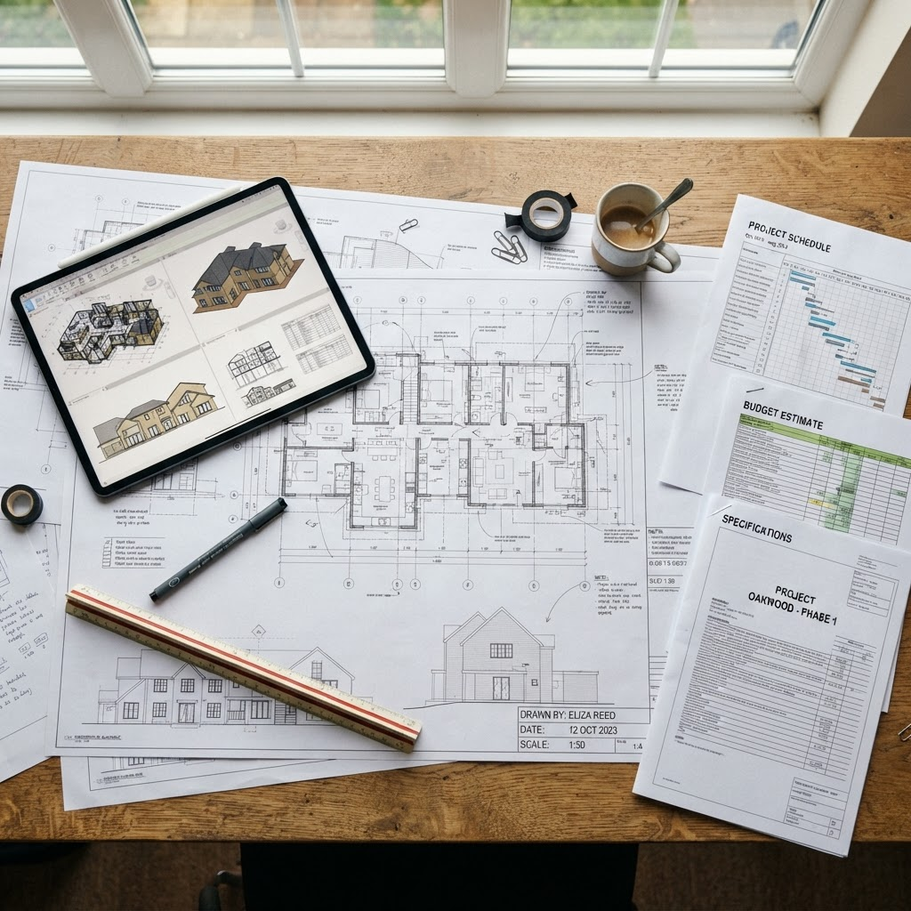 Architectural blueprints and a tablet on a desk during preconstruction planning