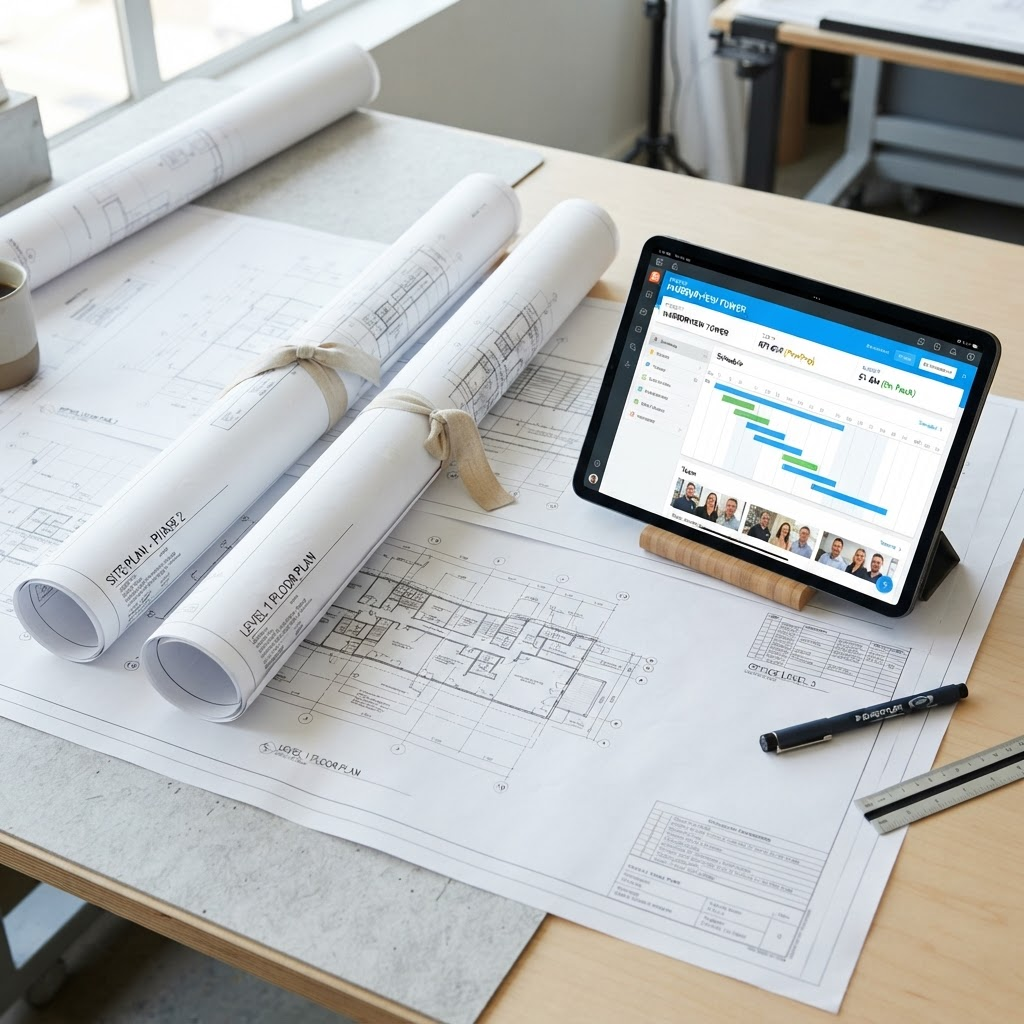 Rolled blueprints and a tablet showing construction management software on architectural drawings